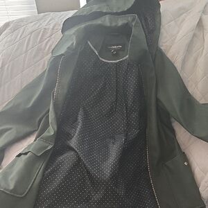 Liz Claiborne Dark Olive Green Trench Coat with Polka Dot Lining, Like New, Smal